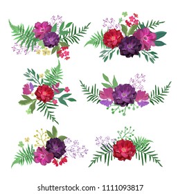 Floral set. Collection with red purple flowers hand drawn. Design for invitation, wedding or greeting cards. Vector illustration