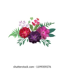 Floral set. Collection with red purple flowers hand drawn. Design for invitation, wedding or greeting cards. Vector illustration