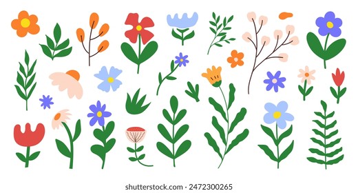 Floral set colorful botanical elements on a white background. Spring and summer groovy flowers, leaves, branches. Vector illustration