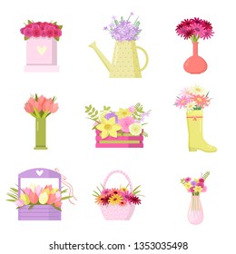 Floral set of colorful bouquets in different vases over white