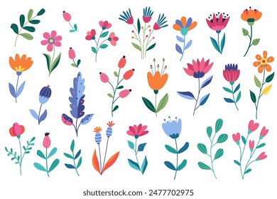 Floral set with colorful bright fantasy flowers. Decorative colorful vector illustration in flat style. Great for creating greeting cards, posters