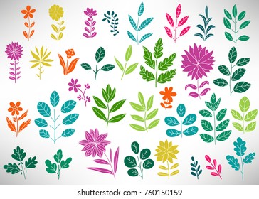 Floral Set of colorful doodle elements, tree branch, bush, plant, leaves, flowers, branches petals isolated on white. Collection of flourish elements for design. Vector illustration.