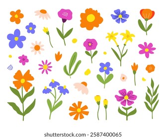 Floral set cute botanical elements on a white background. Spring and summer groovy flowers, leaves, branches. Vector illustration