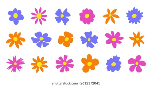 Floral set cute botanical elements on a white background. Spring and summer groovy flowers. Vector illustration