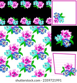 Conjunto floral de adorables estampados sin costuras y bordes. Luminosos ramos de flores tropicales dibujadas a mano sobre fondo blanco y negro. Para textiles, papel de embalaje, cubierta, tarjeta de felicitación. Estilo vintage. Vector.
