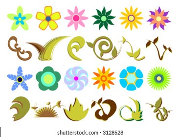 Floral set with different kind and colored flowers and leafs over white background. Colors are very easy to change.