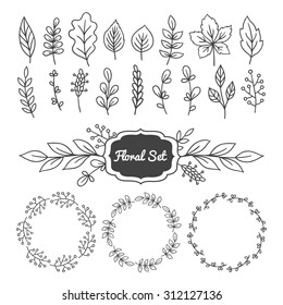 Floral set with different leaves, branches and wreaths. Hand drawn contour style. Perfect for greeting cards, invitations, wedding cards. Vector illustration