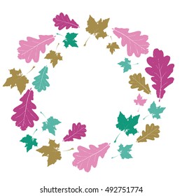 Floral set of elements. Floral wreath. Realistic maple and oak leaves on white background. Vector illustration.