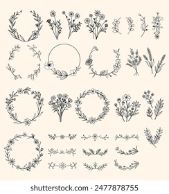 Floral set of elements wreaths, dividers, ornaments, vintage style, hand drawn

