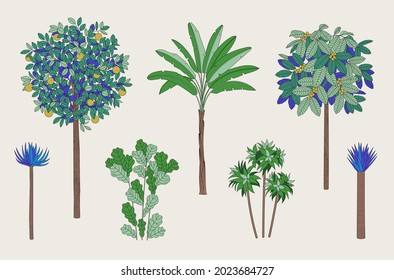 Floral Set. Exotic trees, and palms. Blue and green.