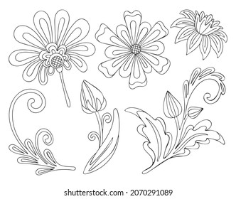 Floral set, flower buds and leaves coloring page. Line sketch of garden flowering plants. Hand drawn vector illustration. Coloring book for children and adults.