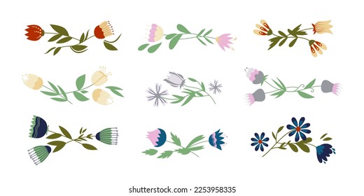 Floral set of flower decorative elements for design and decor. Springtime vector hand drawn flowers compositions. Spring Easter decoration. Set of blossom folk flowers, isolated on white background.