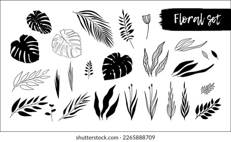Floral set of flowers and plants. Doodle illustration.