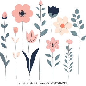 Floral set, flt illustration, wildflowers, pink flowers, simple plants, 