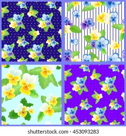 Floral set of four cute seamless pattern with pansies.vector illustration.Can be used for fabric,textile,wrapping paper.