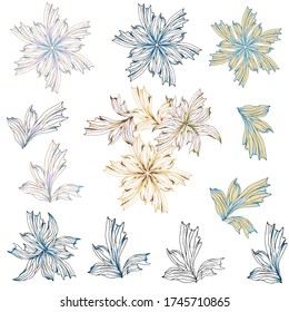 Floral set of gentle flowers and petals. Floristic hand-drawn vector illustration in pastel colors. 