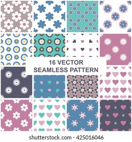 floral set of geometric, abstract seamless pattern with flowers, daisies and hearts.