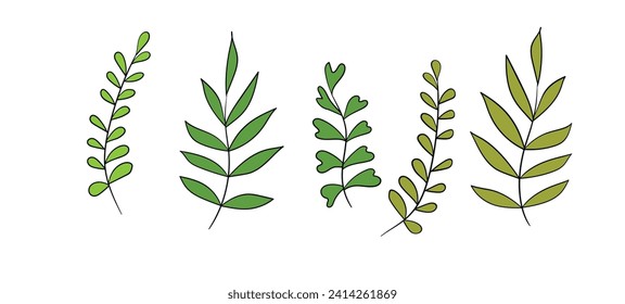 Floral set hand drawn color leaves. Cute isolated elements. Clip art for stationery, web design. Modern floral compositions. Vector illustration.