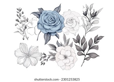 Floral set of hand drawn flowers. Botanical line art wallpaper with flowers, branches eaves. Pastel watercolor floral design for banner, prints, wall art and home decor, wedding invitation