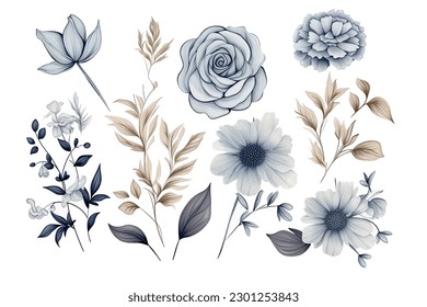 Floral set of hand drawn flowers. Botanical line art wallpaper with flowers, branches eaves. Pastel watercolor floral design for banner, prints, wall art and home decor, wedding invitation