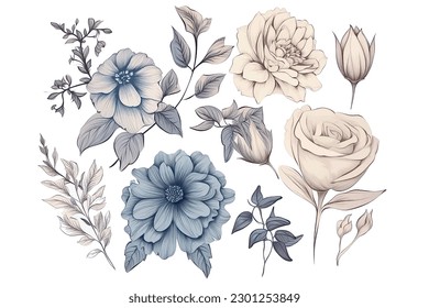 Floral set of hand drawn flowers. Botanical line art wallpaper with flowers, branches eaves. Pastel watercolor floral design for banner, prints, wall art and home decor, wedding invitation