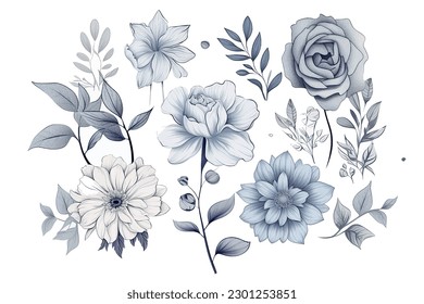 Floral set of hand drawn flowers. Botanical line art wallpaper with flowers, branches eaves. Pastel watercolor floral design for banner, prints, wall art and home decor, wedding invitation