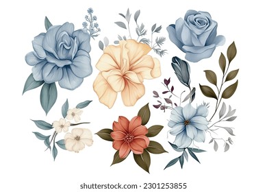 Floral set of hand drawn flowers. Botanical line art wallpaper with flowers, branches eaves. Pastel watercolor floral design for banner, prints, wall art and home decor, wedding invitation