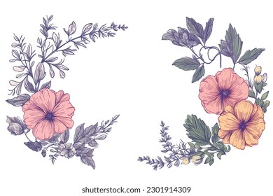 Floral set of hand drawn flowers. Botanical line art wallpaper with flowers, branches eaves. Pastel watercolor floral design for banner, prints, wall art and home decor, wedding invitation
