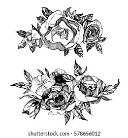 Floral set, of hand drawn flowers, roses, peones Boho chic style for invitation, t-shirts