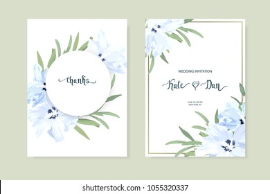 Floral set with hibiscus and eucalyptus. Wedding Invitation, save the date, rsvp, invite card. Vector illustration. Celebration template. Watercolor style