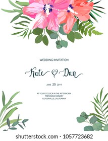 Floral set with hibiscus. Wedding Invitation, save the date, rsvp, invite card. Vector illustration. Celebration template. Watercolor style
