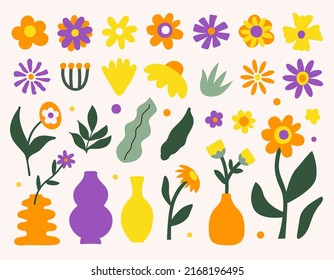 Floral set with hippie retro vintage summer elements in style 60s, 70s. Vector illustration.