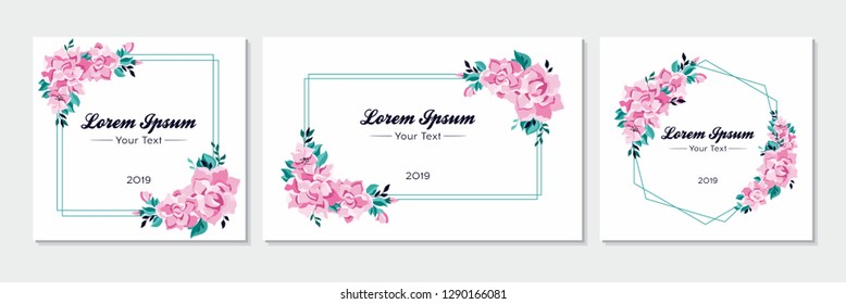 Floral set of invitation, rsvp, save the date card design. Rectangular, square geometric frame.  Vector template
