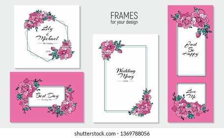 Floral set of invitation, rsvp, save the date card design. Rectangular, square geometric frame.  Vector wedding template
