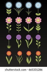 Floral set isolate on dark background. Flowers design, vector illustration in various colors.
