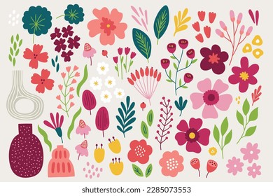 Floral set - leaves, flowers, branches, berries, vases isolated on light background. Perfect for spring and summer greeting cards. Vector illustration