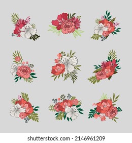 Conjunto floral con hojas y flores, elementos para las tarjetas de boda de sus composiciones