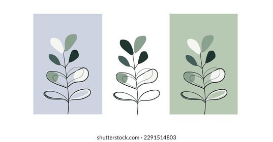 Floral set leaves on green and blue background. Botanical line sprigs illustration. Minimal design card. Summer vector illustration