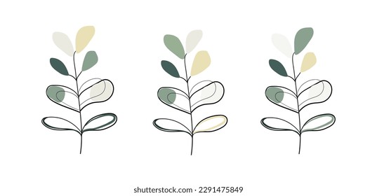 Floral set leaves on white background. Botanical line sprigs illustration. Minimal design card. Summer vector illustration