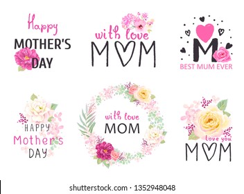 Floral set with love on mothers day. Holiday vector illustration with lettering and flowers roses, collection of lovely symbols for mom day.