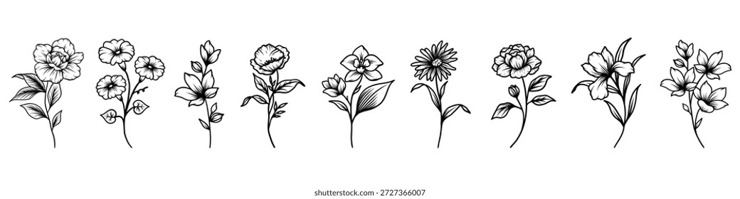 Floral set. Minimalistic vector illustrations of flowers and leaves. Elegant botanical elements for invitations, cards, or the design of various projects and posters.