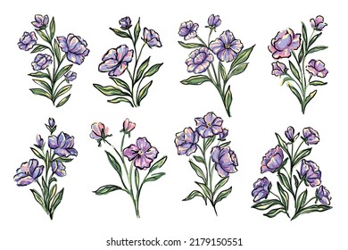 Floral set painting flowers and leaves isolated vector. Floral design elements, hand draw retro flowers, bouquets, leaf. vintage botanical floral arrangements