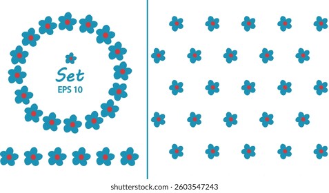 Floral set pattern, round frame and border. Simple vector seamless background. Collection of elements for design of cards, textiles, clothes, bed linen, packaging. eps 10