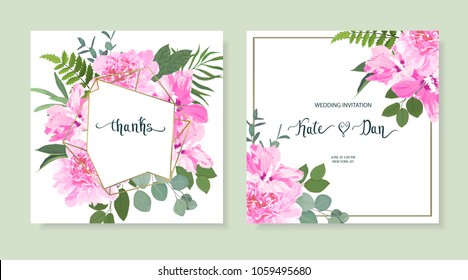 Floral set with peony, hibiscus and eucalyptus. Wedding Invitation, save the date, rsvp, invite card. Vector illustration. Celebration template. Watercolor style
