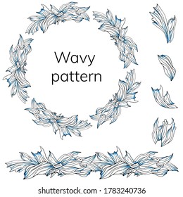 Floral set of petals, wreath and vector brush isolated on white background. Delicate light blue ornament.