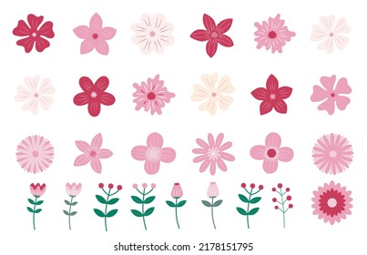 Floral set from red, pink, light yellow flowers, green leaves and branches. Design elements isolated on white background