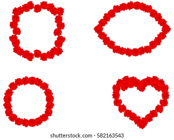 Floral set of red roses frames different shapes on white background, vector, eps 10