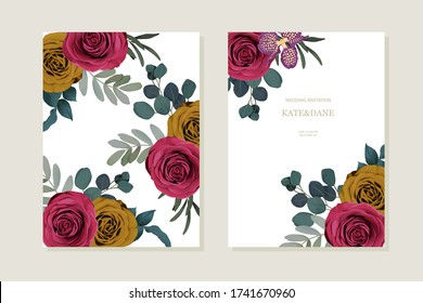 Floral set with red and yellow roses. Wedding Invitation, save the date, rsvp, invite card. Vector illustration. Celebration template