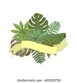 Floral set with ribbon. Collection with tropical leaves in hand drawn sketch style. Design for invitation, wedding or greeting cards. Vector illustration.