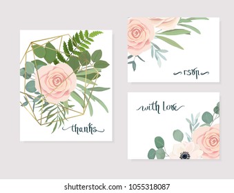 Floral set with rose and eucalyptus. Wedding Invitation, save the date, rsvp, invite card. Vector illustration. Celebration template. Watercolor style